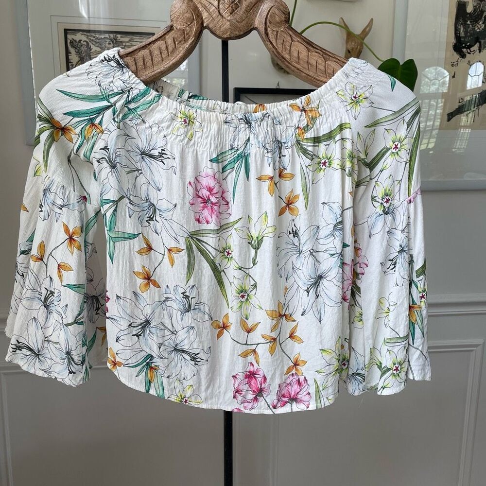 Bershka Floral Flowy Crop Top Off Shoulder Blouse XS